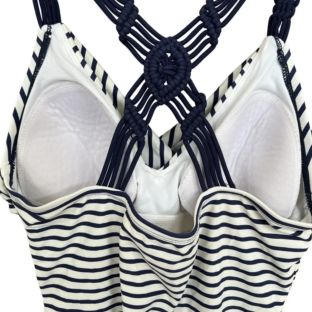Kona Sol Bathing Suit Womens Medium Blue White Stripe 1 Pc Macrame Pool Vacation